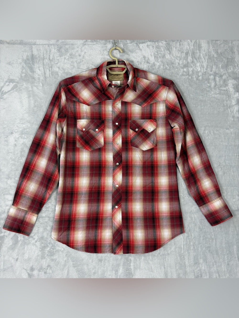 Wrangler Western Pearl Snap Button Shirt Mens Medium Plaid Long Sleeve Red White